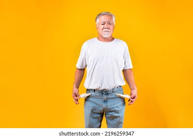 No Money In Wallet ,unemployed Asian Old Man Opening Empty Wallet Money Broke Cash, Bankruptcy Economic Financial , Poverty In Retirement And Unemployment Concept.