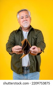 No Money In Wallet ,unemployed Asian Old Man Opening Empty Wallet Money Broke Cash, Bankruptcy Economic Financial , Poverty In Retirement And Unemployment Concept.