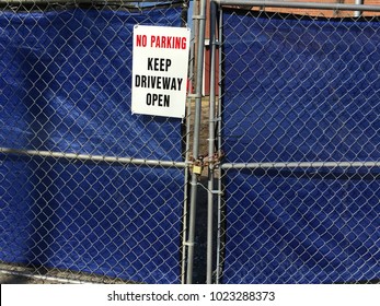 No Parking Sign, Keep Driveway Open, On Blue Tarp Background