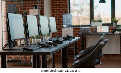 No People In Customer Care Service Office With Monitors To Help Clients With Telework Assistance. Empty Workstation Used For Call Center Telecommunication, Giving Support To People.