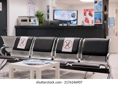 No People In Empty Hospital Reception Waiting Room, Medical Facility With Healthcare Service To Cure Patients With Disease. Nobody In Clinic Lobby Waiting Area During Covid 19 Pandemic.