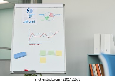 No People In Modern Office With Large Whiteboard Prepared For Presentation Of Financial Diagrams, Charts And Graph