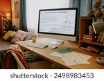 No people shot of desktop computer with Math lesson on screen on desk in modern teen girls room interior, copy space