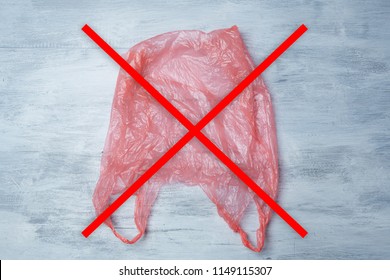 No Plastic Bags Concept. Ban Plastic Bags. Crossed Out Plastic Bag.