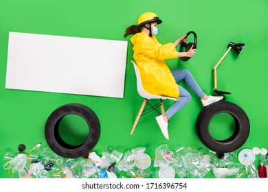 No Pollution. Full Size High Angle Flat Lay Photo Responsible Citizen Lady Drive Motor Bike Trash Recycling Center Plastic Products Littered Street Nature Isolated Green Color Background