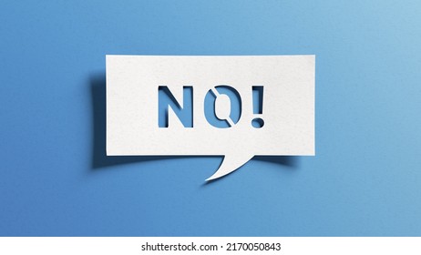 No sign showing negative answer or decision, disagreement, rejection, refusal or contradiction. Word no on cutout paper speech bubble on blue background. - Shutterstock ID 2170050843