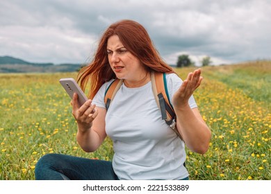 No Signal Cellphone Network. No Communication Coverage, Lost Contact Signal Device. Angry Woman Tourist Hiker Hand Holding Smart Phone Searching Signal. Communication, Cellular Problem, Bad Connection