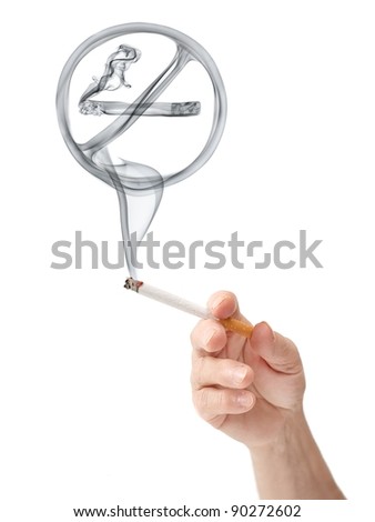 No smoking sign rising from a cigarette held in hand of an elderly woman, isolated on white background.