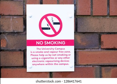 No Smoking Or Vaping E-cigarette At College Campus University School Sign For Students Create Smoke Free Environment Air