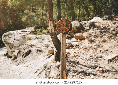 No Smoking Wooden Sign Post On A Mountain Footpath. Ecological Sign Board Forbidding Smoking In The Area.