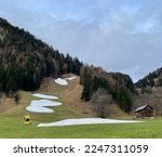 No snow on skiing slopes in winter due to climate change. . High quality photo