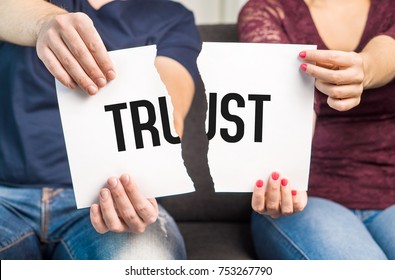 No Trust. Cheating, Infidelity, Marital Problems, Having An Affair And Another Partner, Betrayal, Mistrust Or Being Unfaithful Concept. Couple, Man And Woman, Ripping Same Paper.