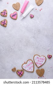 No Valentine Day Concept. Cookies Hearts With Text Alone But Happy And Stupid Cupid