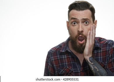 No Way! Portrait Of A Surprised Bearded Man Looking To The Camera Copyspace On The Side Isolated On White.