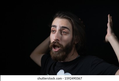 No Way! Portrait Of Surprised Long Haired Bearded Man