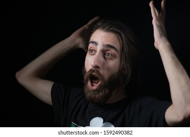 No Way! Portrait Of Surprised Long Haired Bearded Man