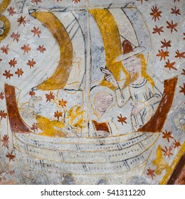 Noah And His Wife In The Ark. A Vessel Built By Noah In The Bible. In The Stern Sits An Eagle And A Rabbit. Gothic Fresco In Fjelie Church, Sweden, Feb 06, 2015,