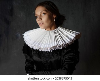 A Noble Lady In A Medieval Costume, A Young Woman In A Round Spanish Collar, A Portrait In The Style Of Renaissance Paintings