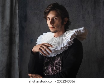 A Noble Young Man In An Old Suit With A Round Spanish Collar, A Portrait In The Style Of Renaissance Paintings