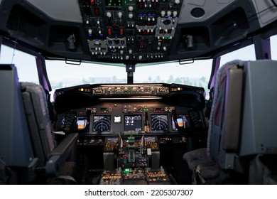 Nobody In Empty Airplane Cockpit With Dashboard Command And Power Buttons, Switch, Lever And Handle. No People In Cabin With Control Panel Navigation And Radar Compass, Engine Throttle.