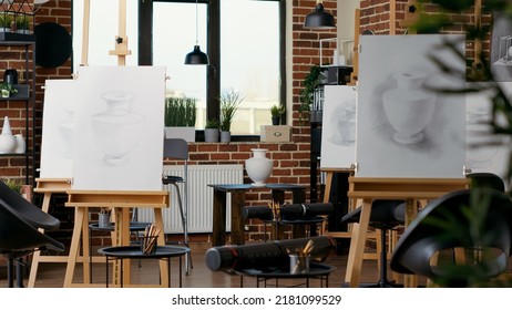 Nobody In Empty Space Decorated With Artistic Equipment, Canvas And Easel. No People In Art Class Lesson To Practice Sketch Drawing As Educational Activity In Creative Workshop For Development.