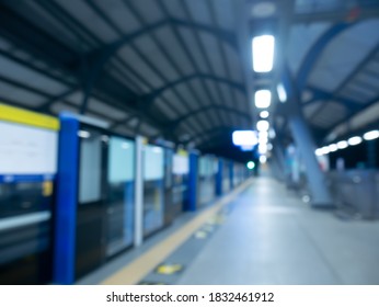 Nobody On MRT Blue Line Platform At Night. Blur Photography.