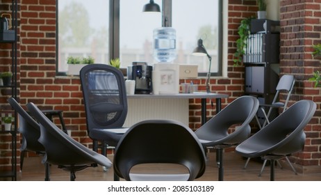 Nobody In Space Used For Aa Group Therapy Meeting With Chairs In Circle. Empty Office Decorated With Furniture For Counseling Program Session With People, Treating Alcohol And Drug Addiction.