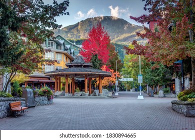 Nobody In Whistler Village On A Quiet Autumn Morning. Fall Colors On An Empty Village Stroll. Social Distancing During Covid-19