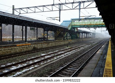 NOBORIBETSU, JAPAN - NOVEMBER 16, 2019: Snow Falling At Noboribetsu Station Where Is Railway Station In Hokkaido, Japan That Operated By Hokkaido Railway Company.