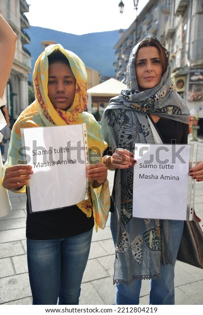 Nocera Inf.re,Salerno,Italy - October 09,2022
:Women participate in a demonstration in solidarity with Iranian
women and in memory of Mahsa Amini killed by the Iranian
police.Women with protest
signs.