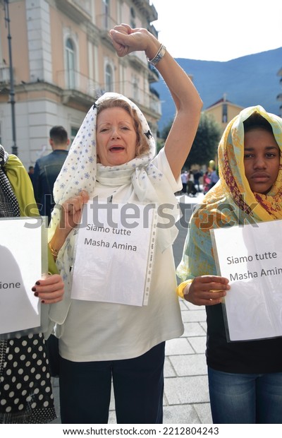 Nocera Inf.re,Salerno,Italy - October 09,2022
:Women participate in a demonstration in solidarity with Iranian
women and in memory of Mahsa Amini killed by the Iranian
police.Women with protest
signs.