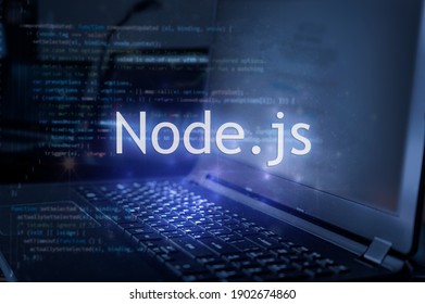 Node.js inscription against laptop and code background. Learn node programming language, computer courses, training. 