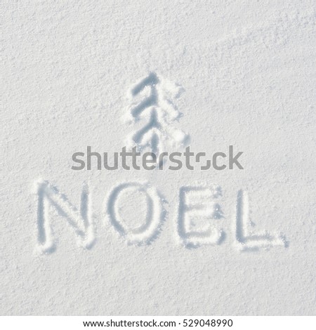 Noel letters, twig tree mark handdrawn on flat snow surface. Nice christmas holiday square postcard, greeting card.
