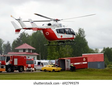 NOGINSK, RUSSIA - JUNE 6, 2017:Helicopter emergency medical aid EU-145 on the range of Noginsk rescue center EMERCOM of Russia at the International Salon "Integrated Security-2017"