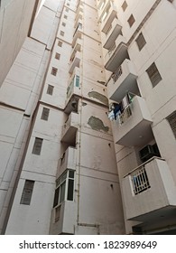 Noida, India - September 29 2020: Poor Quality Constructions In Multistory Buildings. Plaster Falling Due To Seepage And Poor Cement Concentration. 