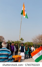 NOIDA, UTTAR PRADESH / INDIA - JANUARY 2020 : Indian flag hosting in school during Republic Day celebration