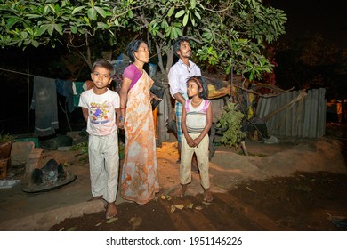 Noida, Uttar Pradesh, India, June 6 2013; Poor Family Outside Of  His Small Hut In Slum Dwelling Area, 