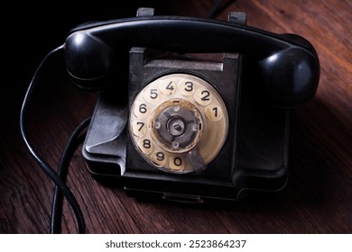 Noir concept - antique retro black rotary phone on wooden table - Powered by Shutterstock