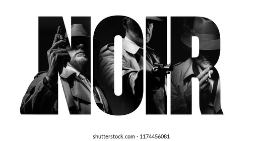 Noir Film Concept And Vintage Detective Character: Agent With Gun And Cut Out Text