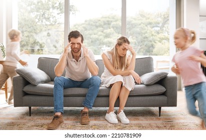 Noise, Headache And Stress With Children And Parents In A Living Room, Overwhelmed By Adhd Kids Energy. Burnout, Anxiety And Family In Crisis, Suffering From Behaviour Problem And Fatigue