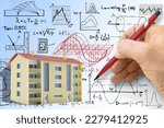 Noise reduction in buildings activity and construction industry - concept with formulas and condominium residential building
