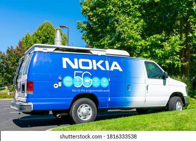 Nokia 5G Wireless Network Architecture Capabilities Sign On The Vehicle With Telescopic 5G Antenna - San Jose, California, USA - 2020