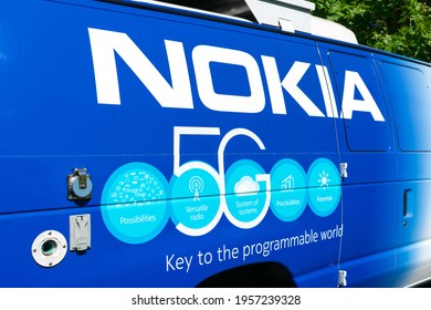 Nokia 5G Wireless Network Architecture Capabilities Sign And Advertisement On Service Van - San Jose, California, USA - 2020