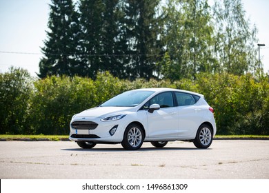 Nokia, Finland - July 25, 2019: The Newest Model Ford Fiesta Parked On A Sunny Day. 2019-2020 Model With Luxury Equipment And Safety Features. White Colored Brand New Car.