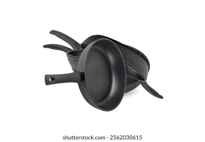 Sartén antiadherente aislada, Nueva Eempty utensilios de cocina antiadherentes negros con mangos de metal en primer plano, sartén sobre fondo blanco