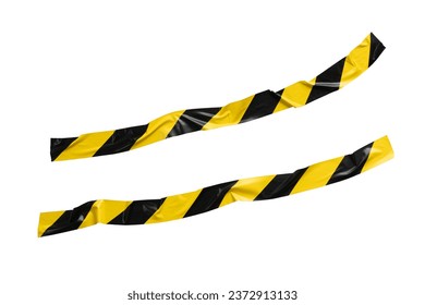 Non straight yellow and black barricade tape on white background with clipping path