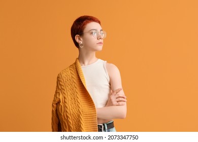 Non-binary teenager on color background - Shutterstock ID 2073347750