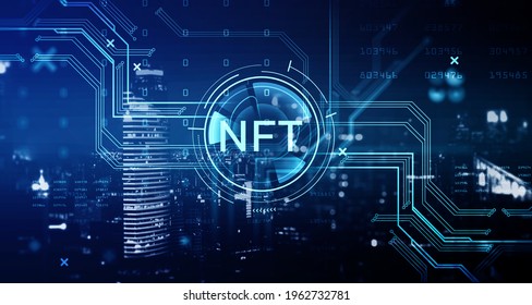 Non-fungible token hologram on virtual screen, nft with network circuit and numbers. Downtown cityscape on background. Concept of cryptoart and technology - Powered by Shutterstock