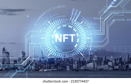 Non-fungible token hologram on virtual digital screen, nft with network circuit and New York city skyscrapers in background. Concept of cryptoart and technology in modern megapolis