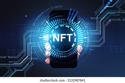 Non-fungible token hologram on virtual digital screen of smartphone holding by businesswoman, nft with network circuit. Dark background. Concept of cryptoart and technology